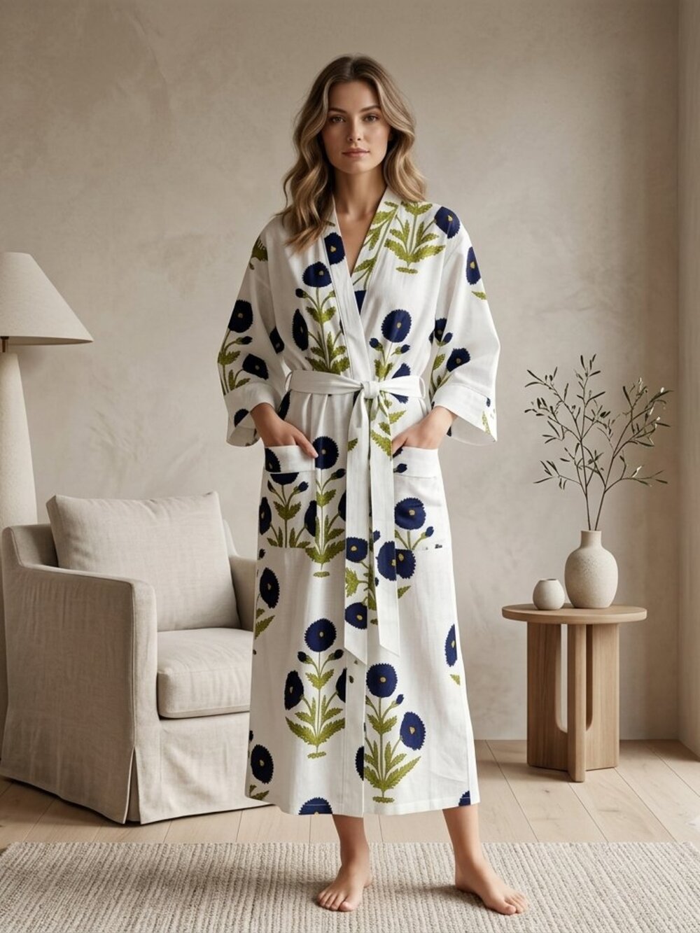 Hand block Print Cotton Kimono Robe, Floral Lounge Gown, Bridesmaid Gift, Resort